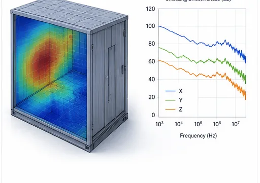Involucro schermato con mappa del campo magnetico interno e grafico dell'efficacia di schermatura