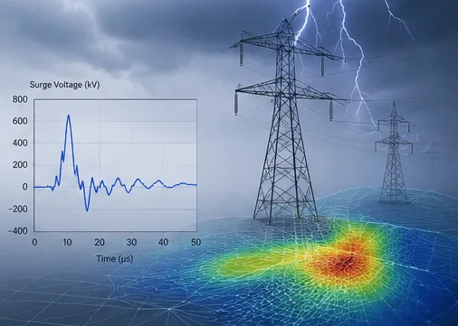Tralicci elettrici colpiti da un fulmine con grafico della sovratensione indotta