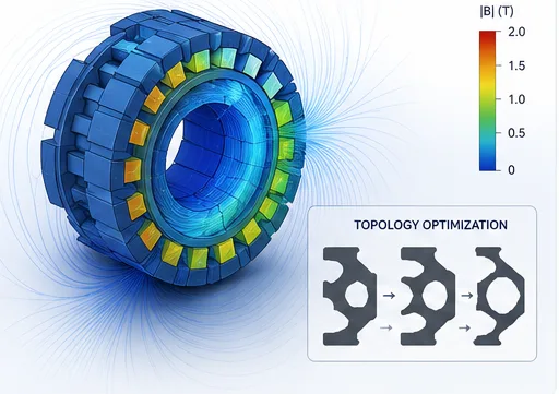 Motore elettrico con distribuzione del campo magnetico e fasi di ottimizzazione topologica