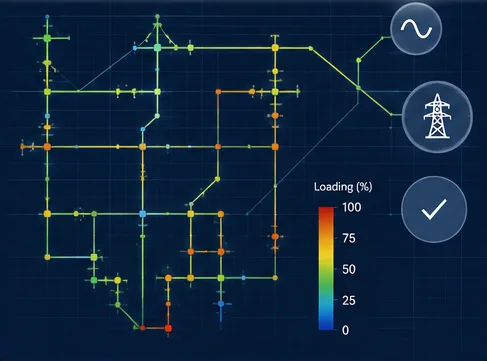 Schema di rete elettrica con flussi di potenza colorati per livello di carico