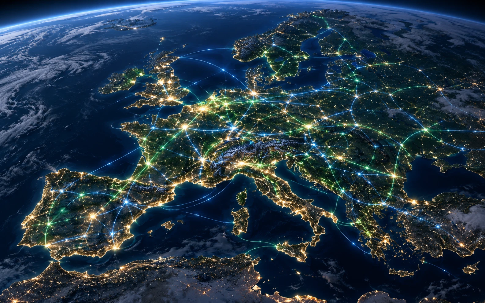 ALVEO: visualizzazione concettuale dei flussi di potenza nella rete elettrica europea.